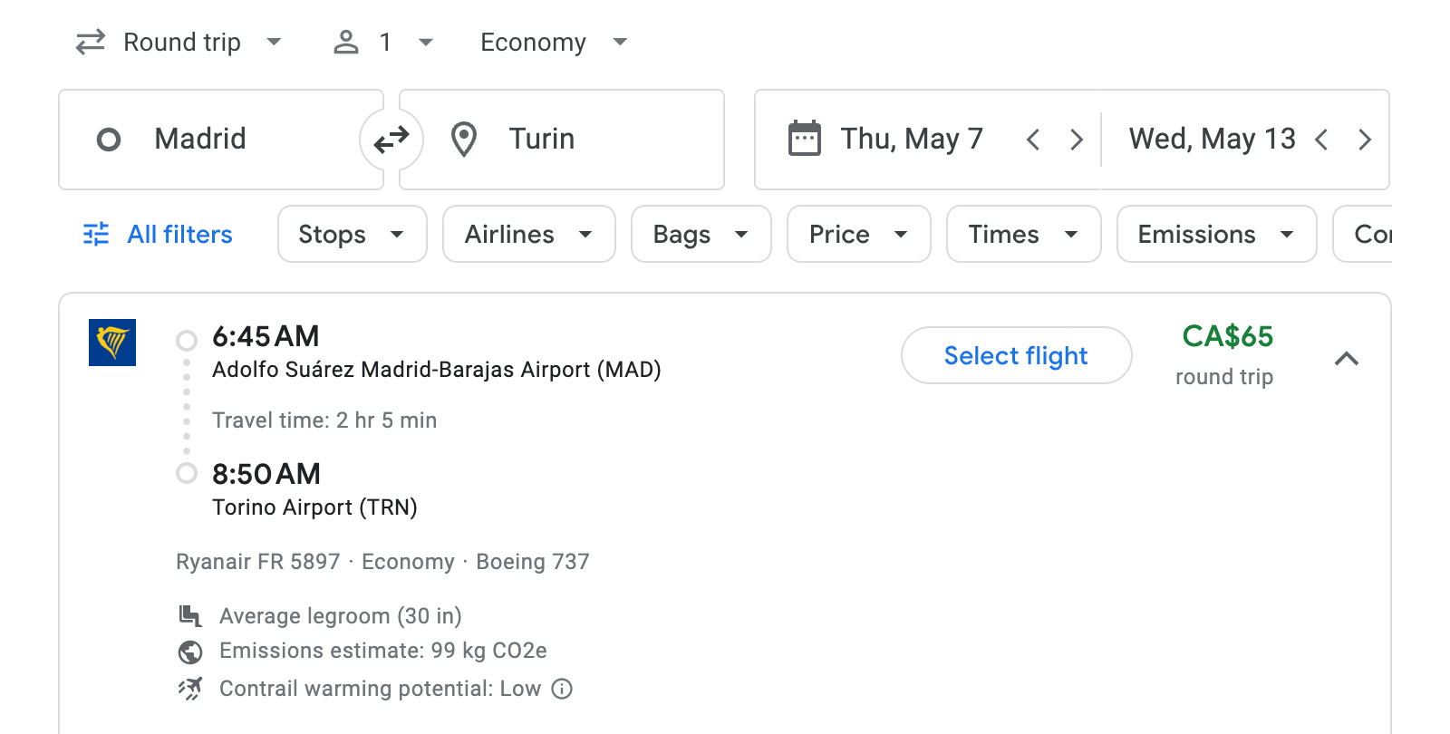 Flight options for Turin