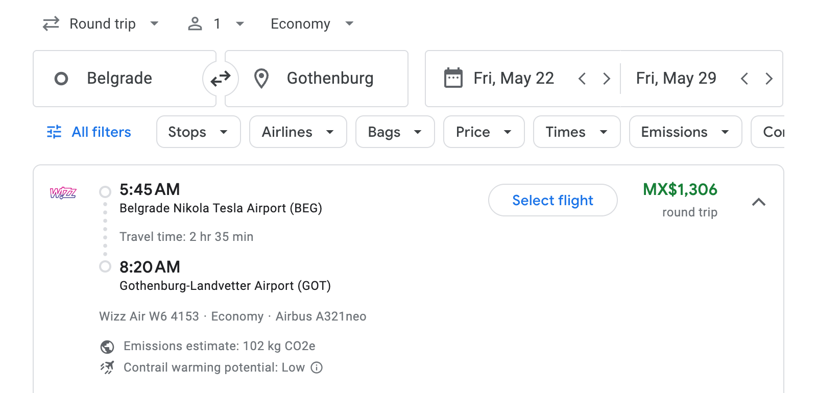 Flight options for Gothenburg