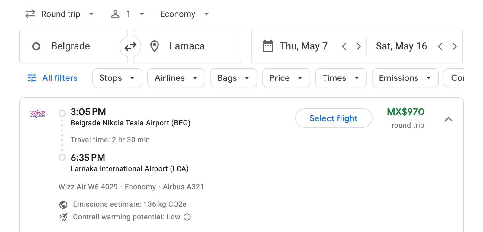 Flight options for Larnaca