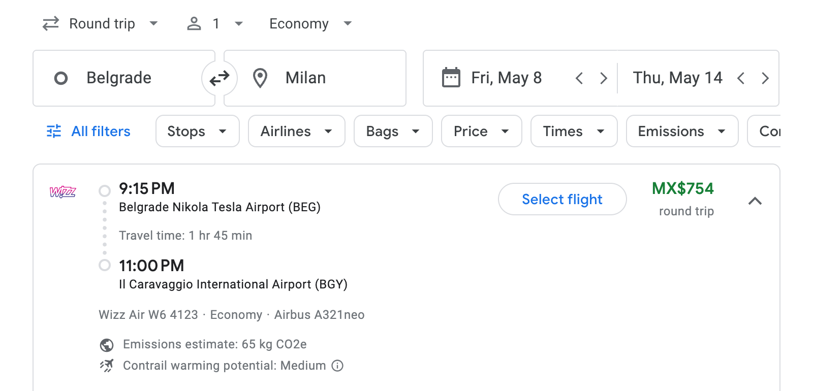 Flight options for Milan
