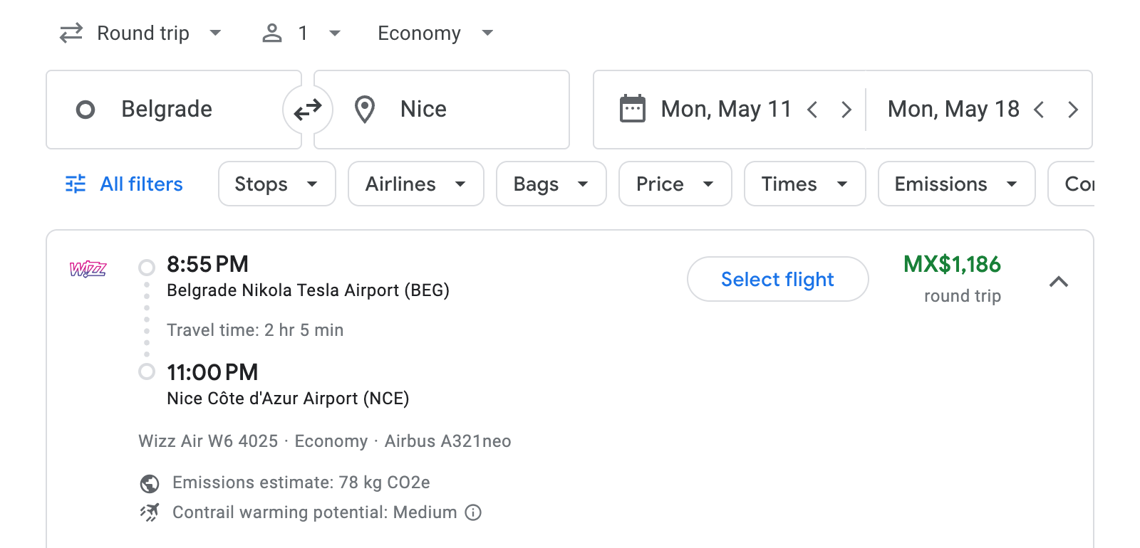 Flight options for Nice