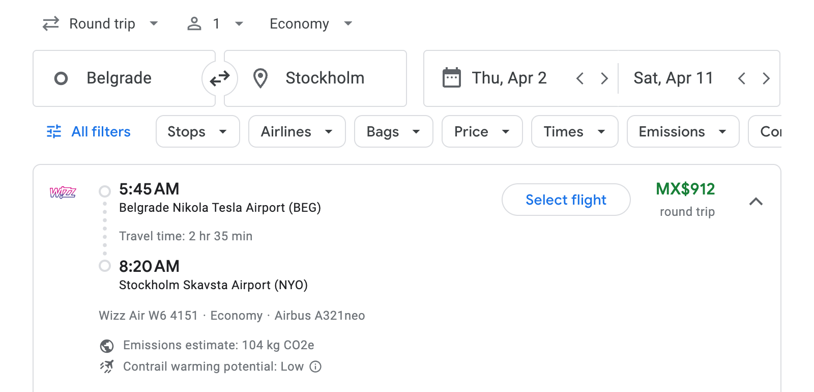 Flight options for Stockholm