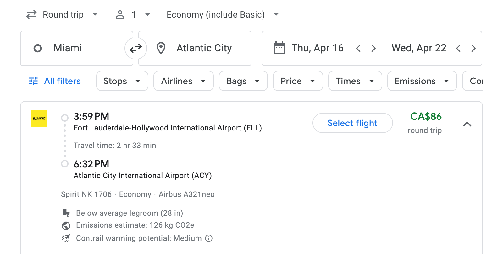 Flight options for Atlantic City
