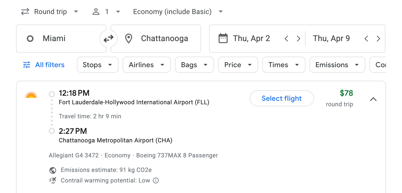 Flight options for Chattanooga