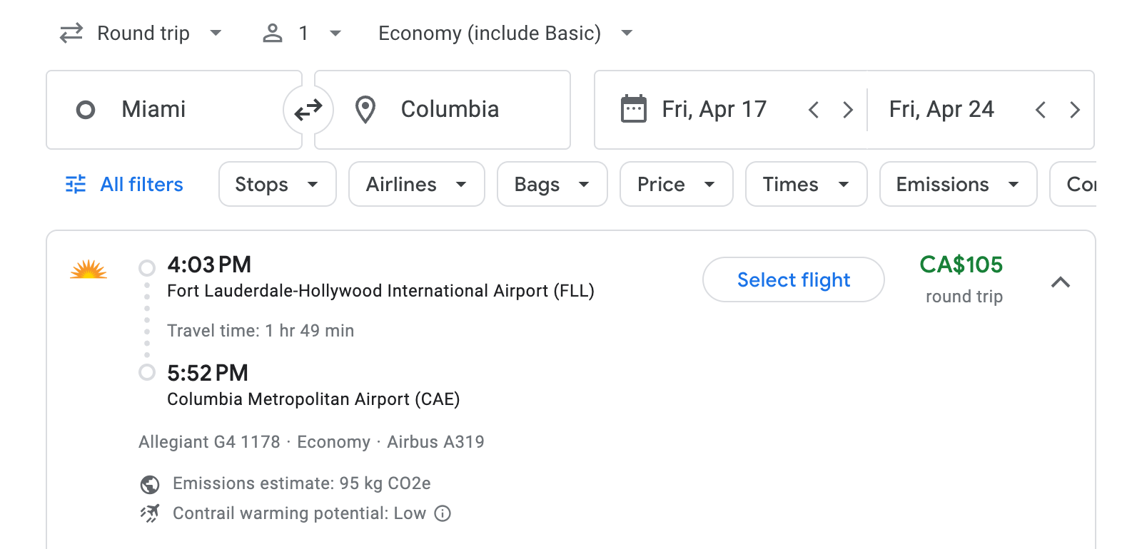 Flight options for Columbia