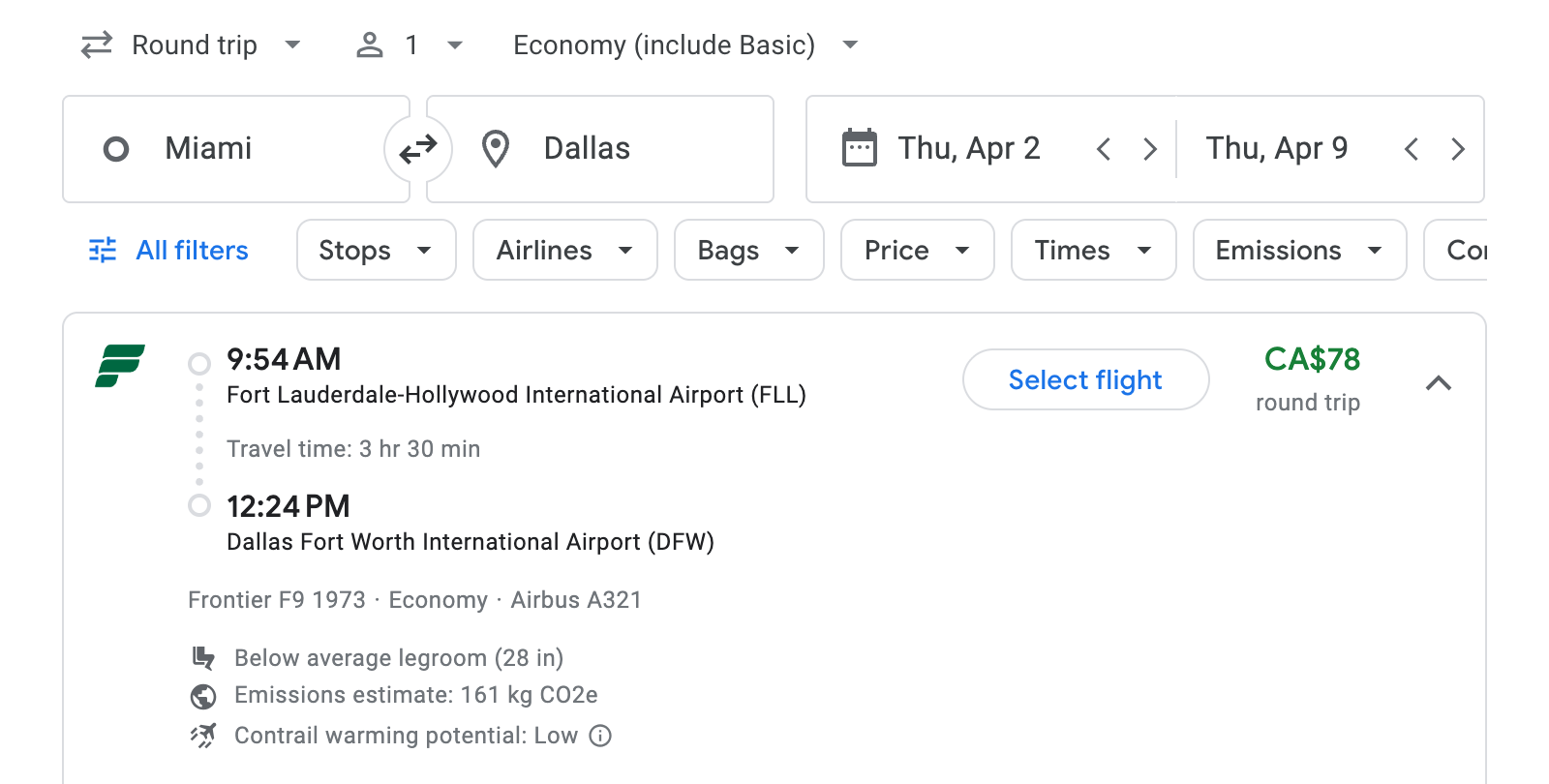 Flight options for Dallas