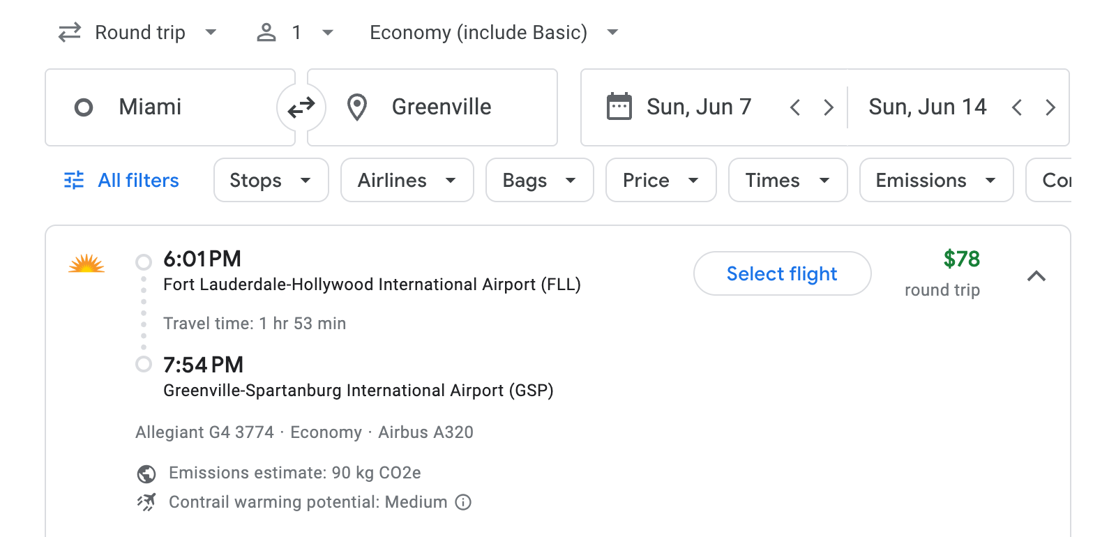 Flight options for Greenville