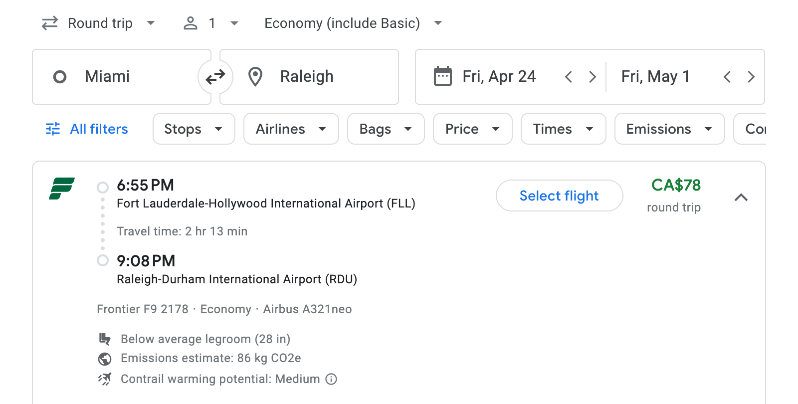 Flight options for Raleigh