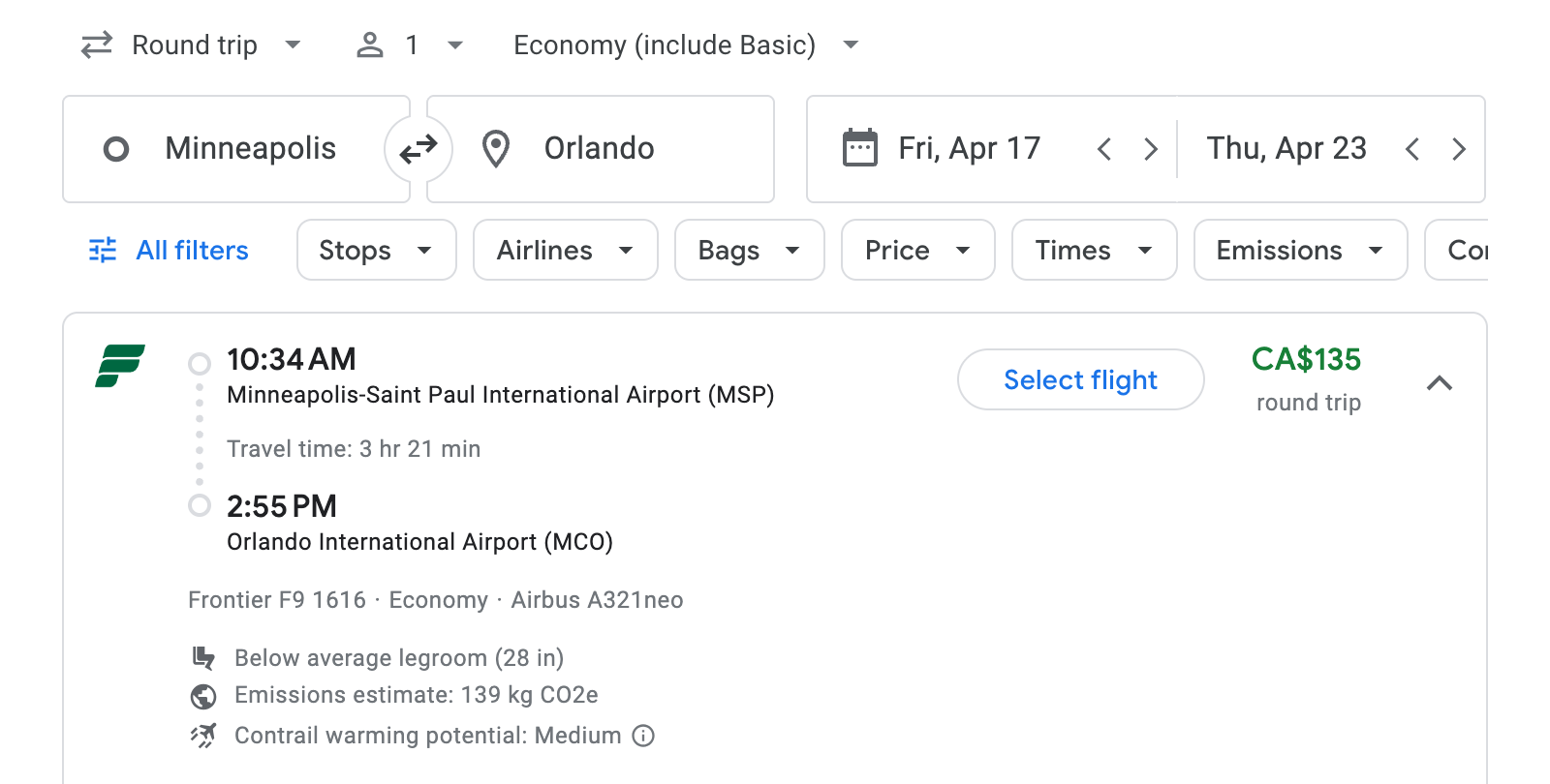 Flight options for Orlando