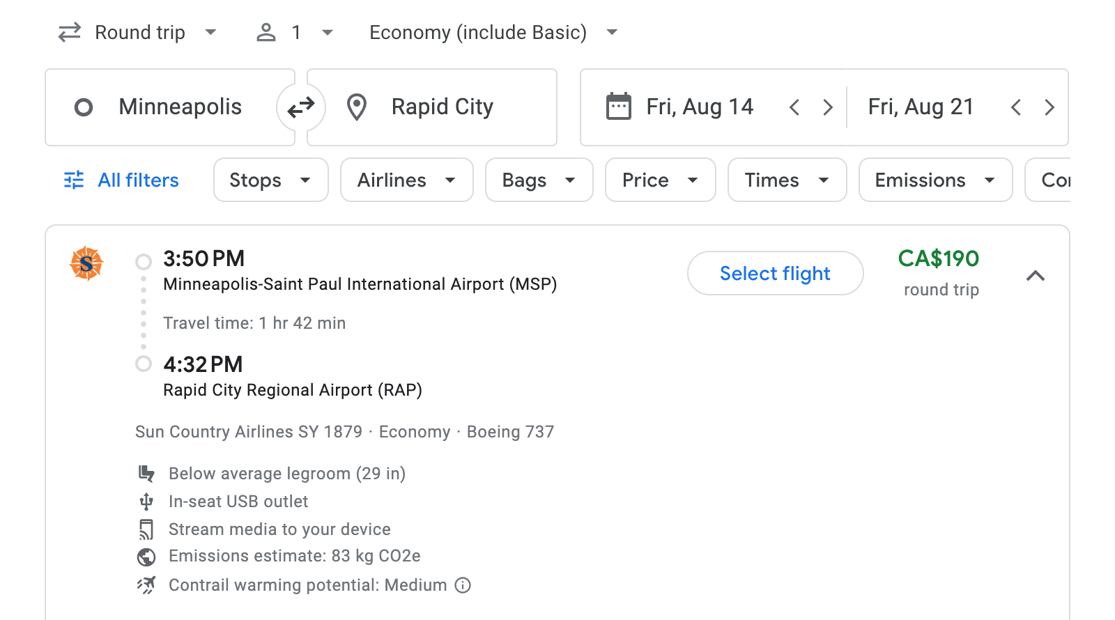 Flight options for Rapid City