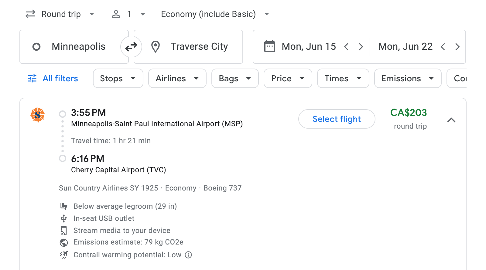 Flight options for Traverse City
