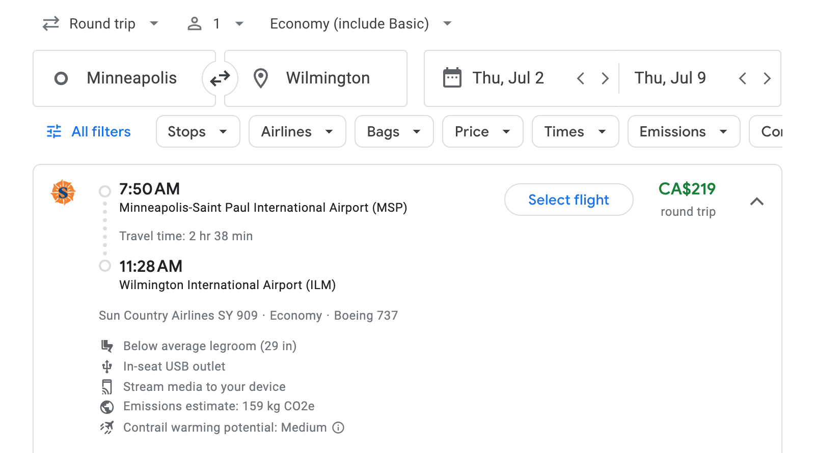 Flight options for Wilmington
