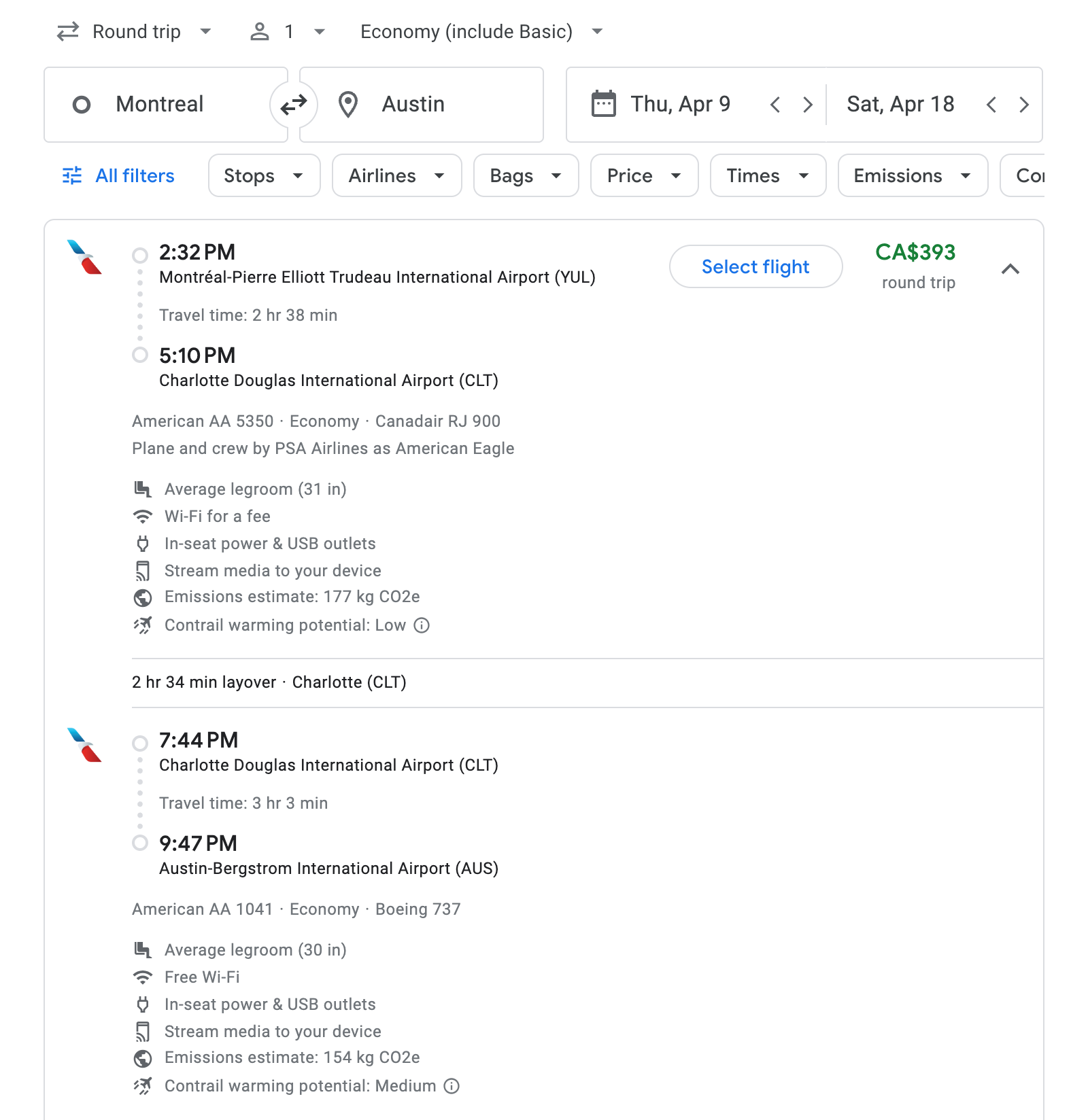 Flight options for Austin
