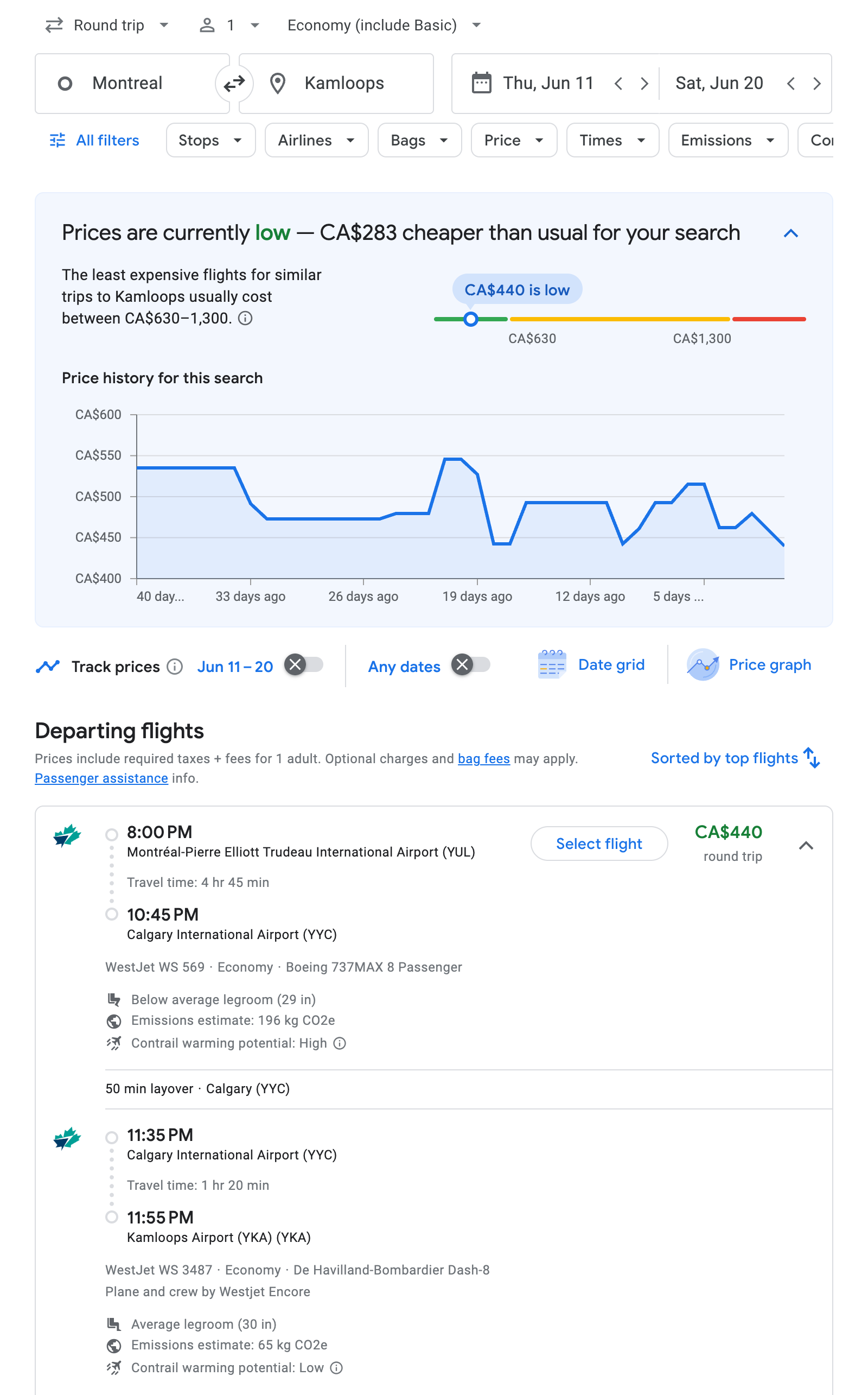 Flight options for Kamloops
