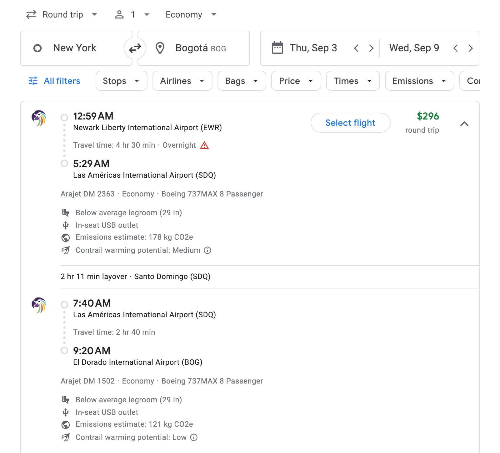 Flight options for Bogotá