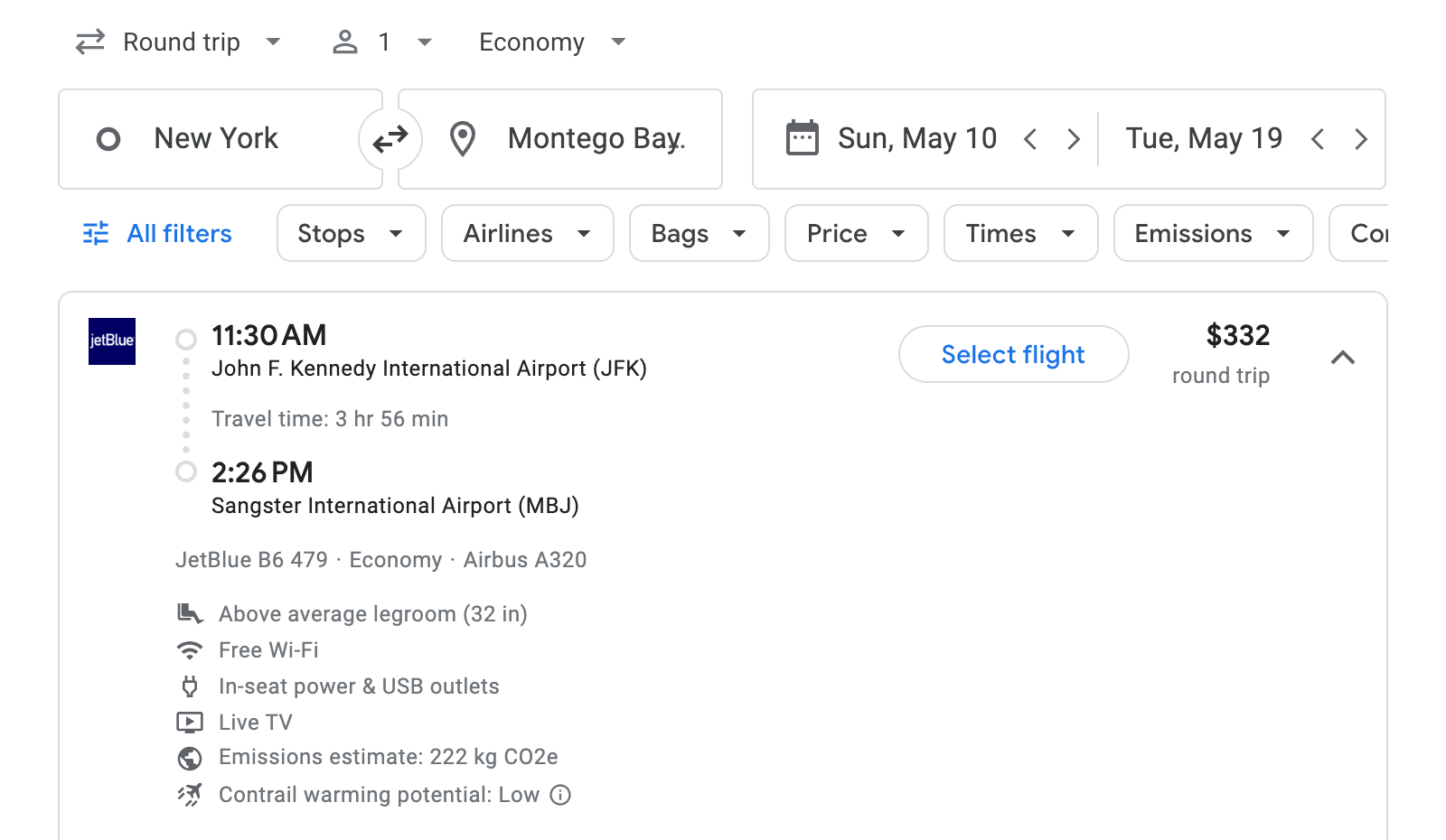 Flight options for Montego Bay