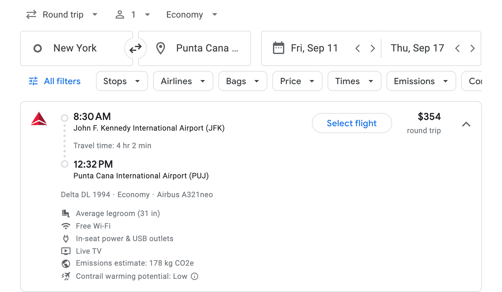 Flight options for Punta Cana