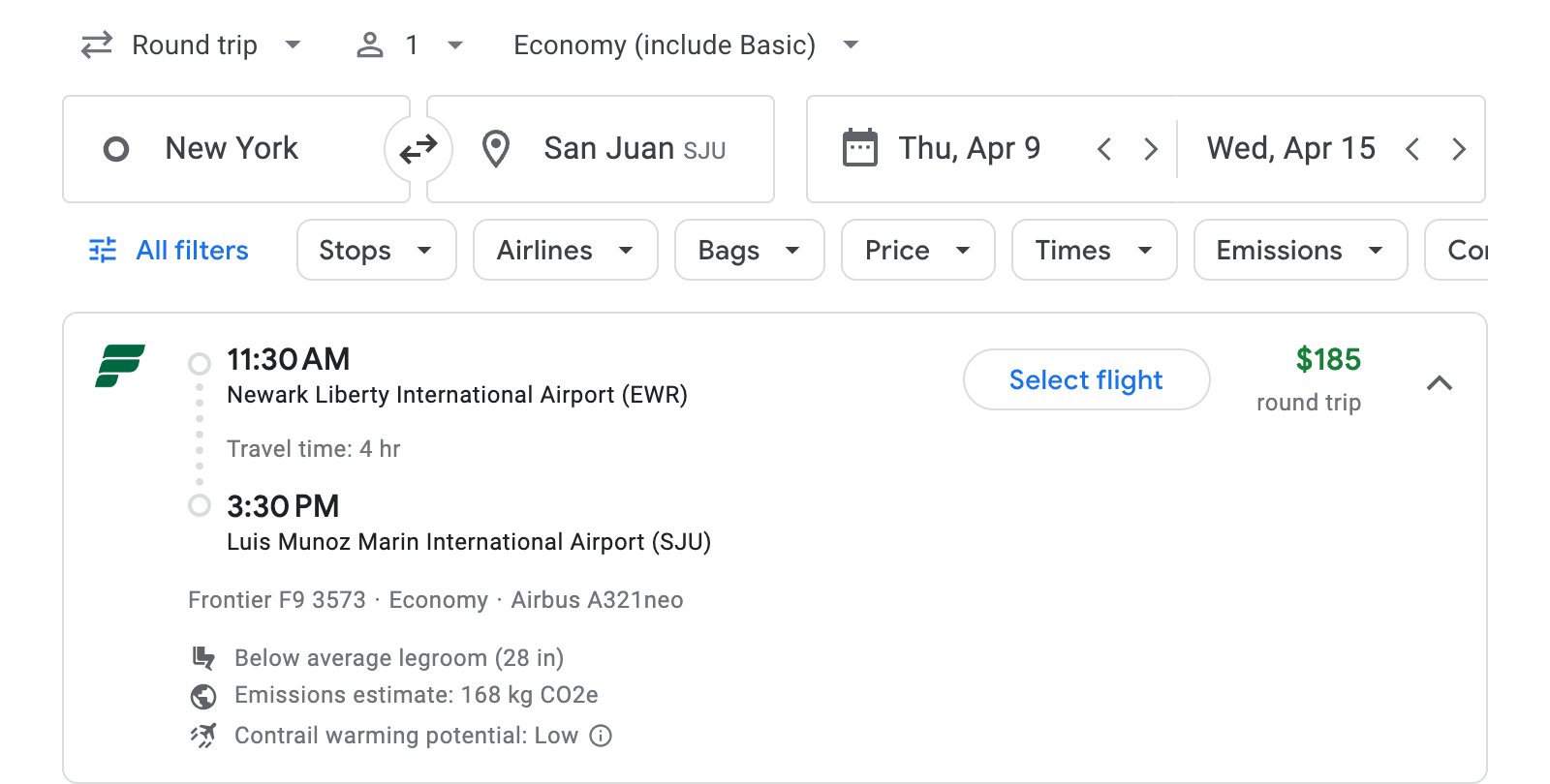 Flight options for San Juan