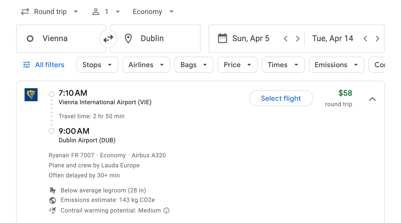 Flight options for Dublin