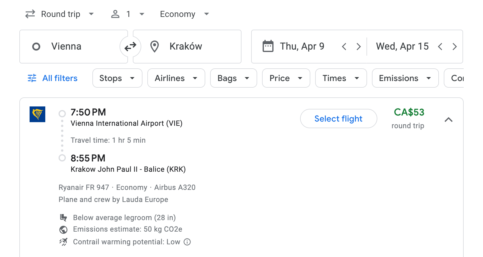 Flight options for Kraków