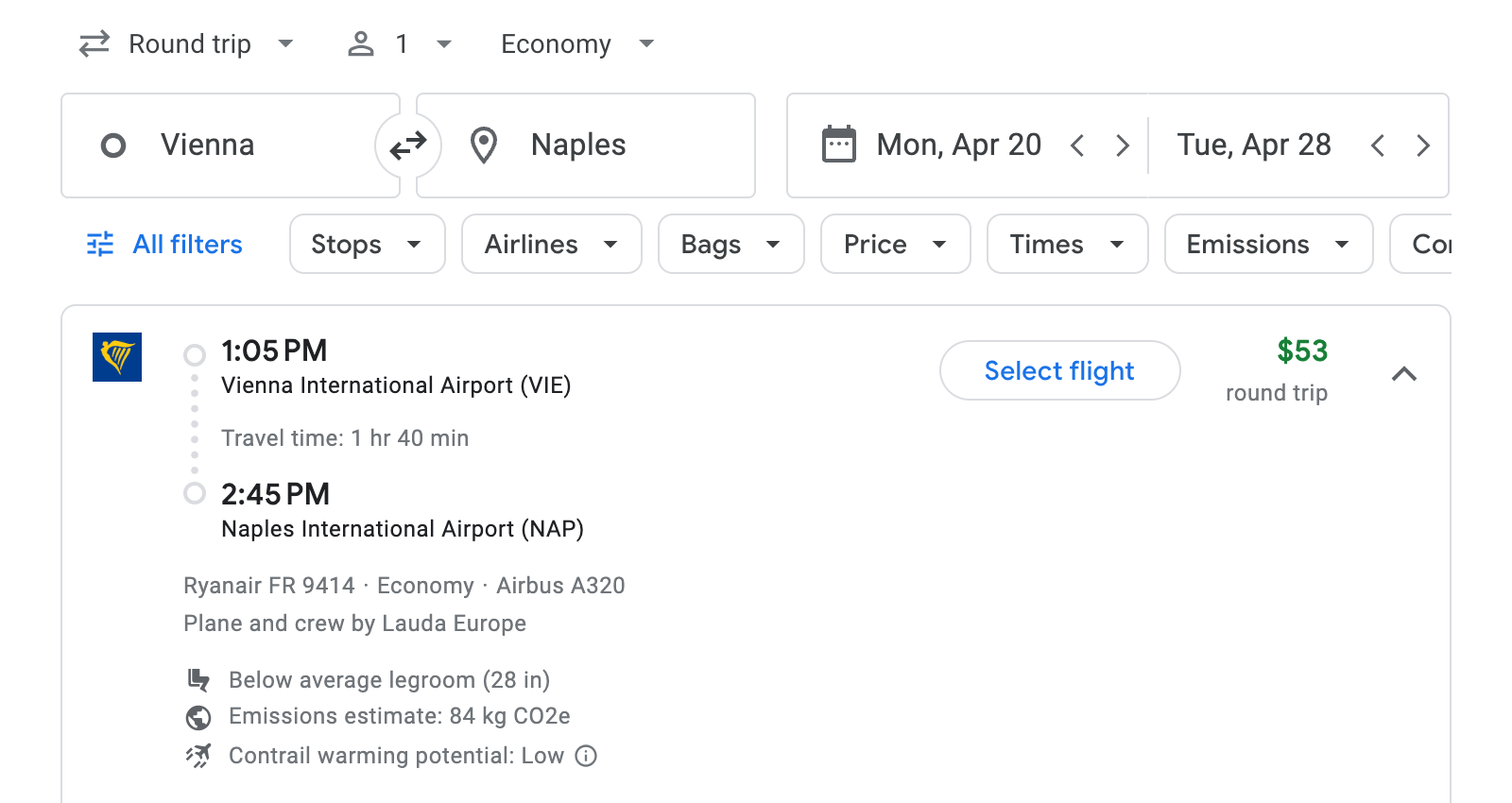 Flight options for Naples