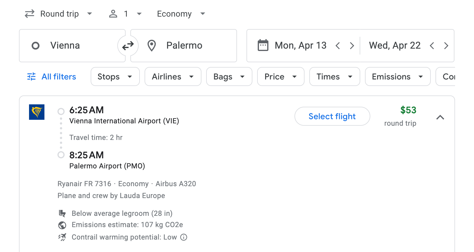 Flight options for Palermo