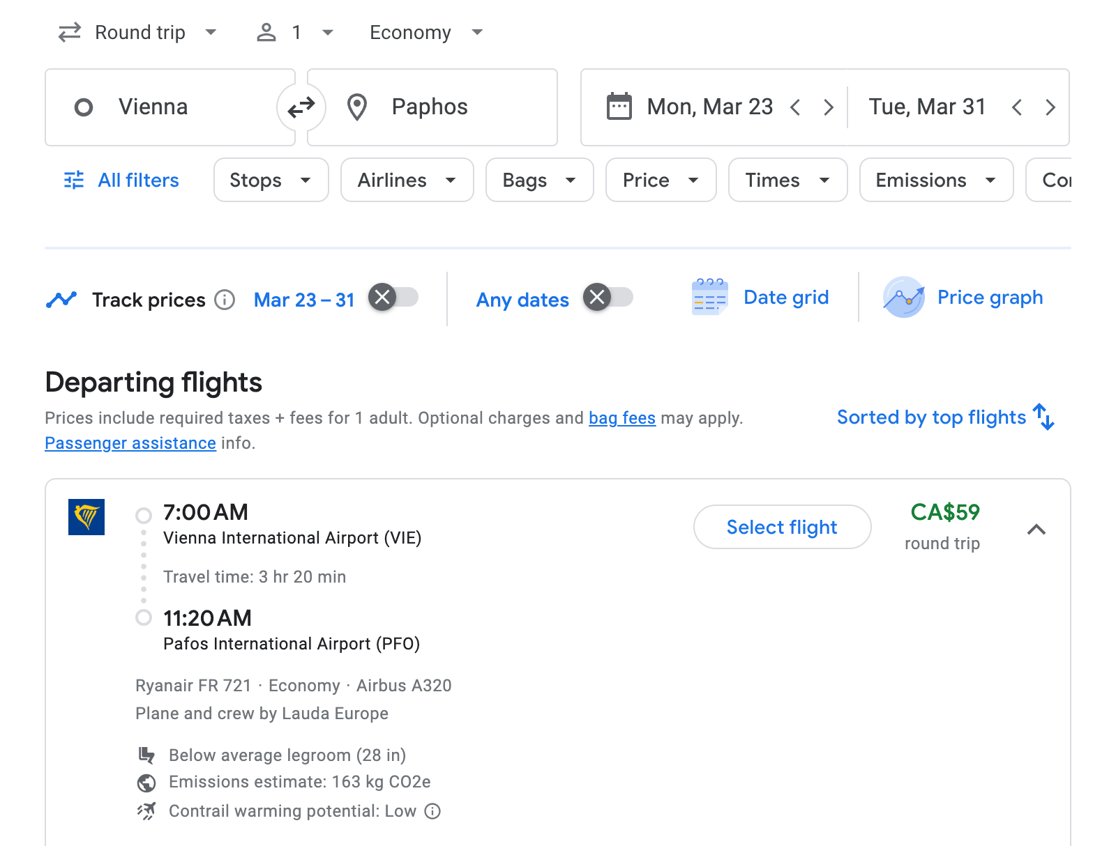 Flight options for Paphos