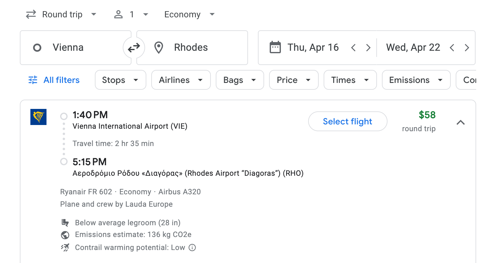 Flight options for Rhodes