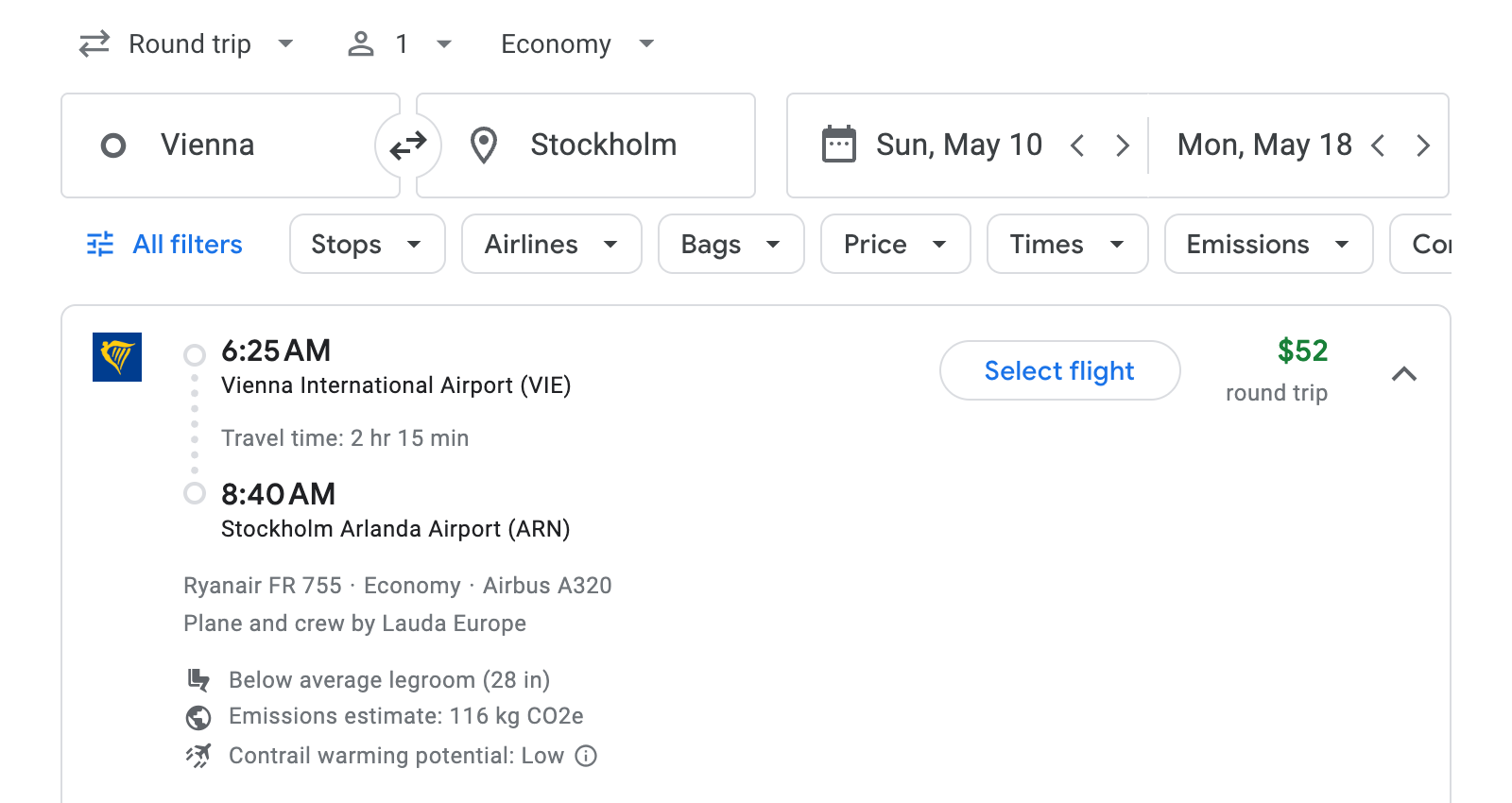 Flight options for Stockholm