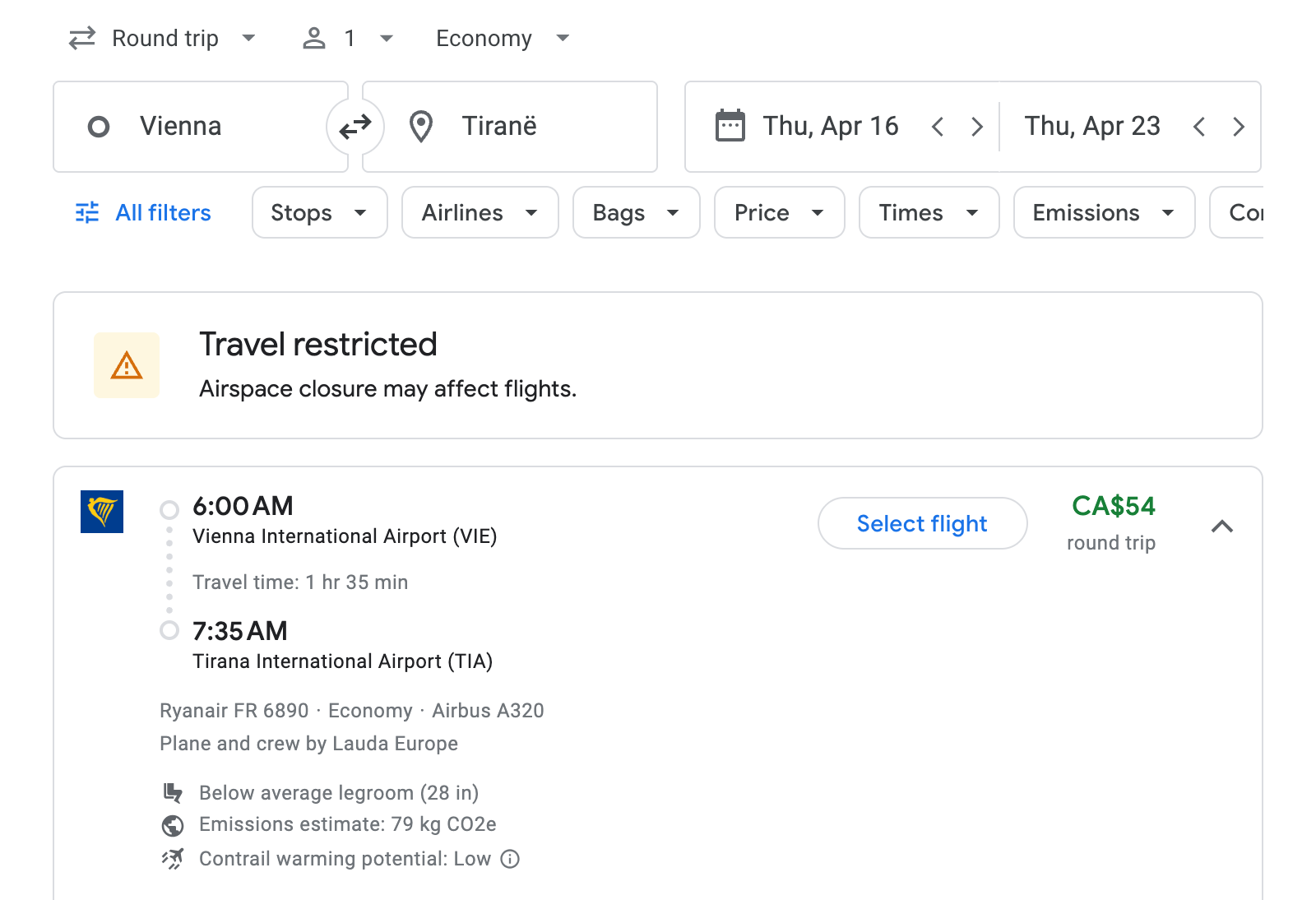 Flight options for Tiranë