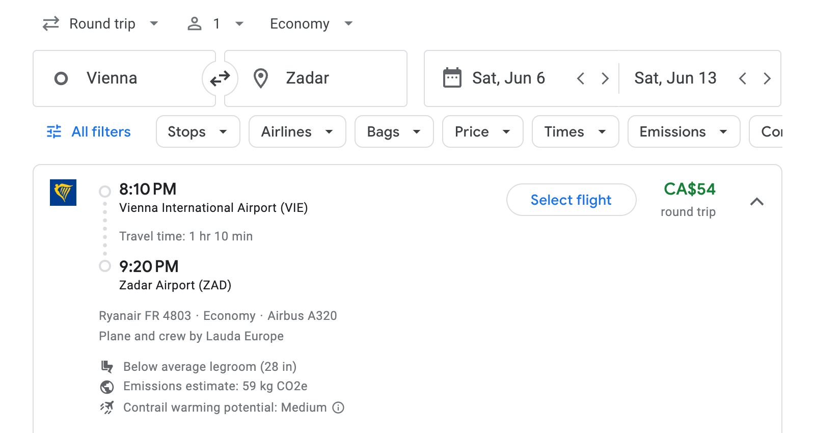 Flight options for Zadar