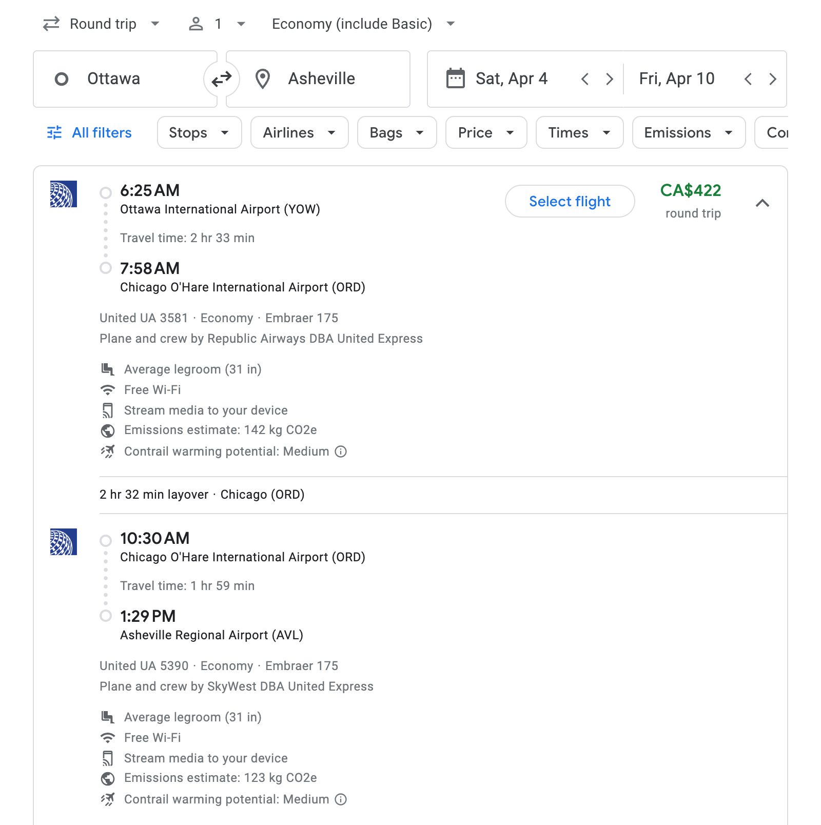 Flight options for Asheville