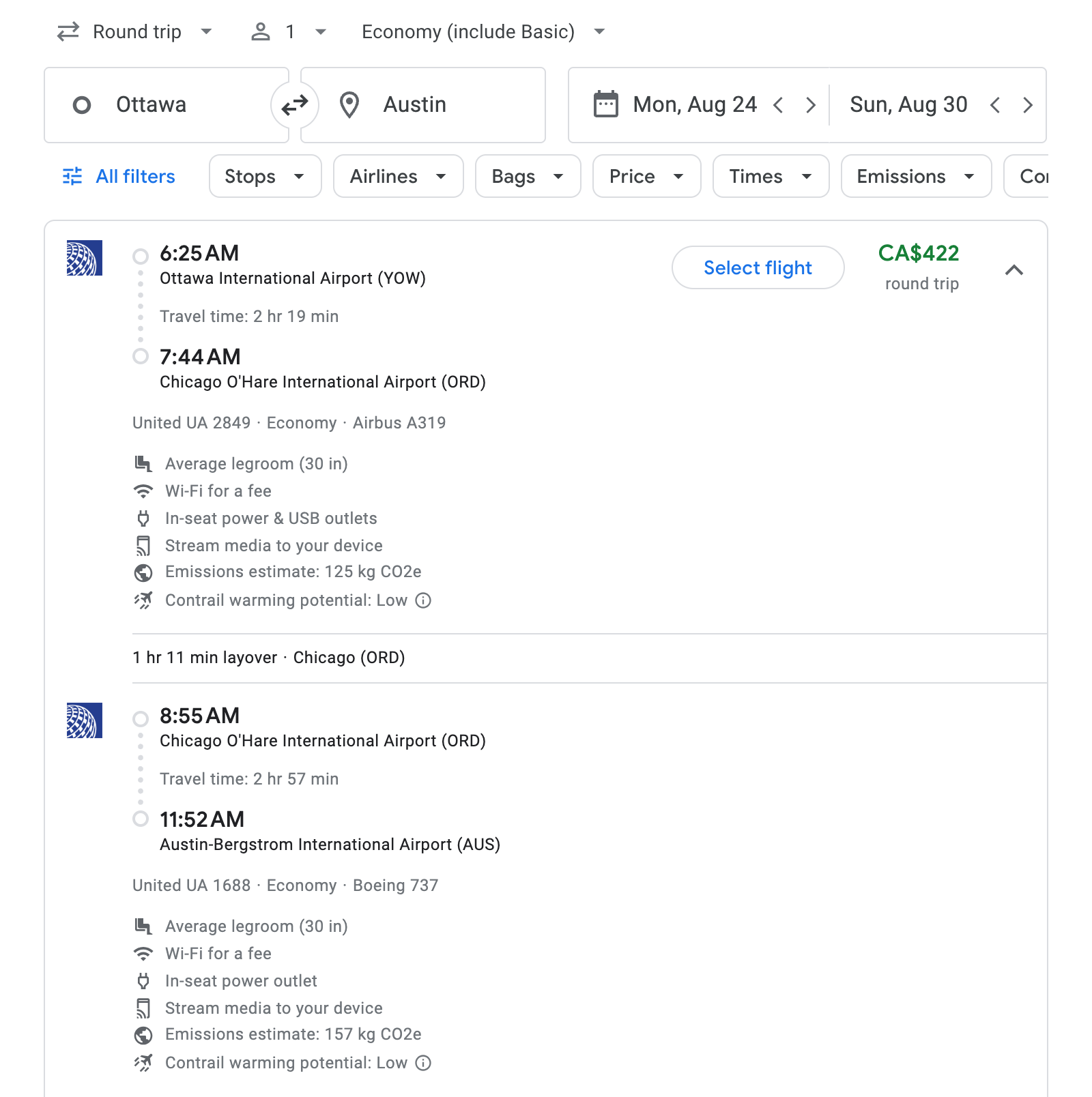 Flight options for Austin