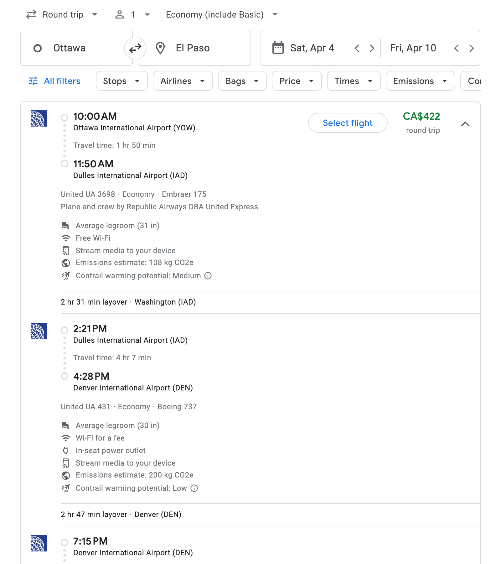 Flight options for El Paso