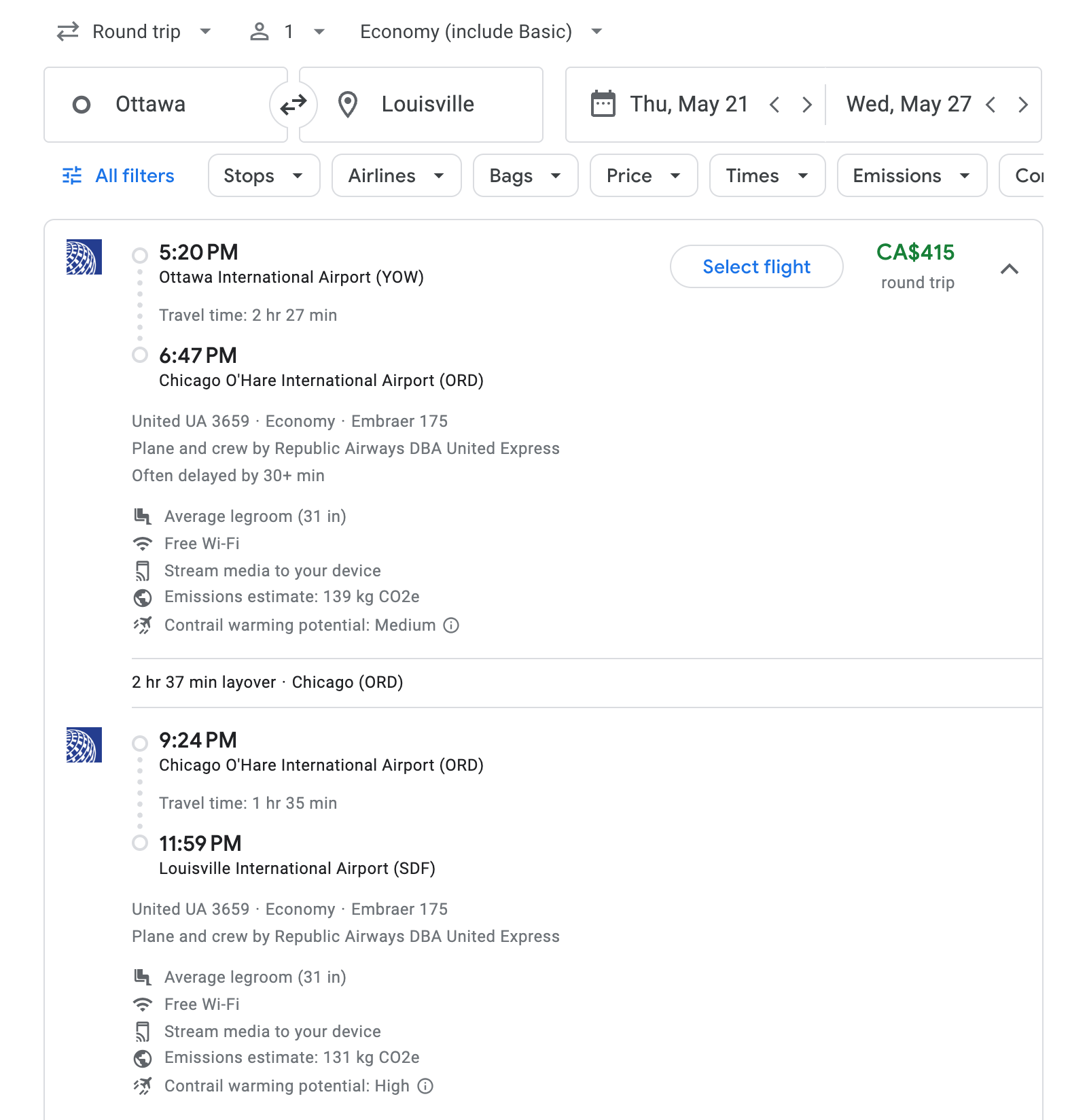 Flight options for Louisville