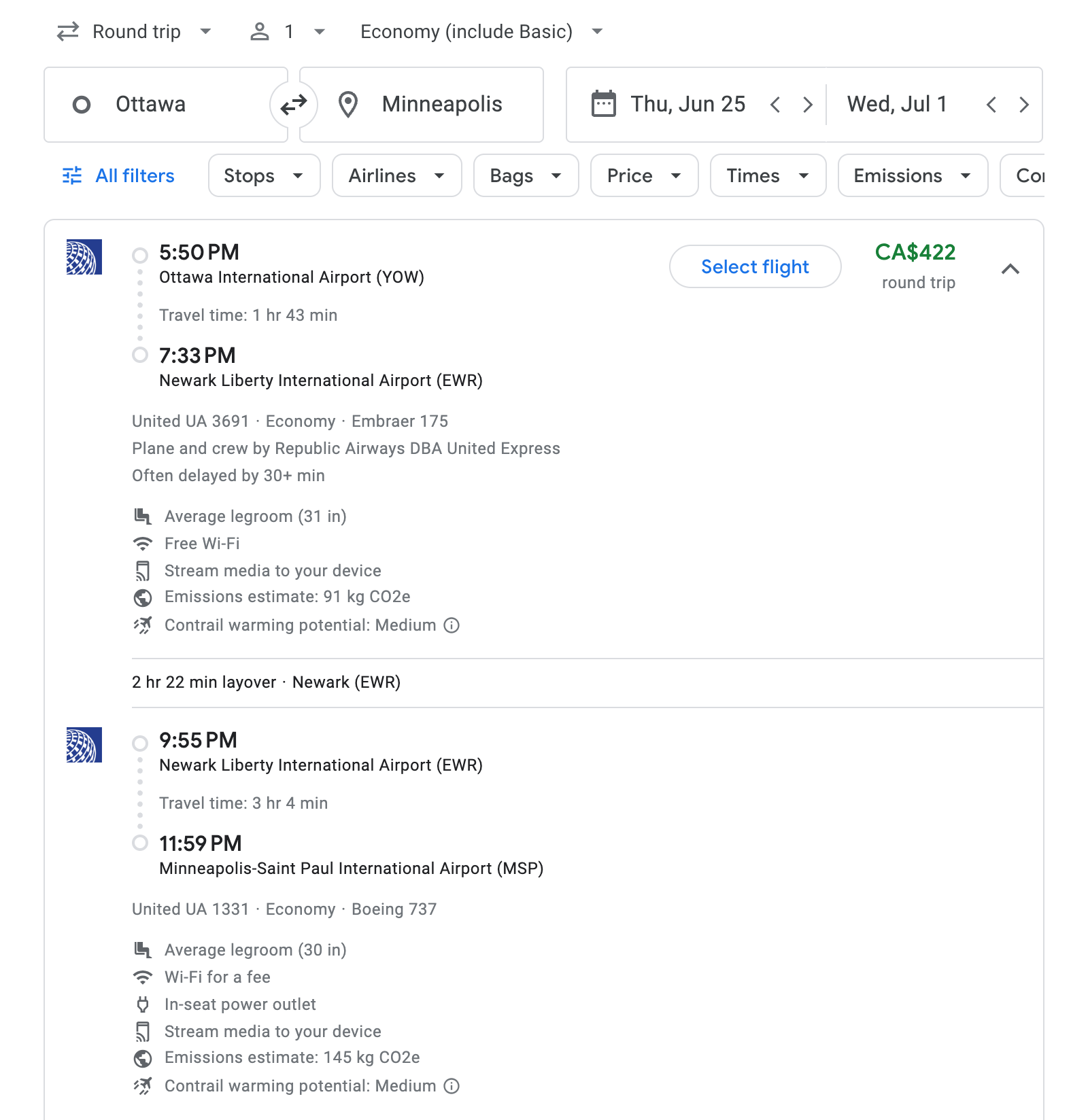 Flight options for Minneapolis