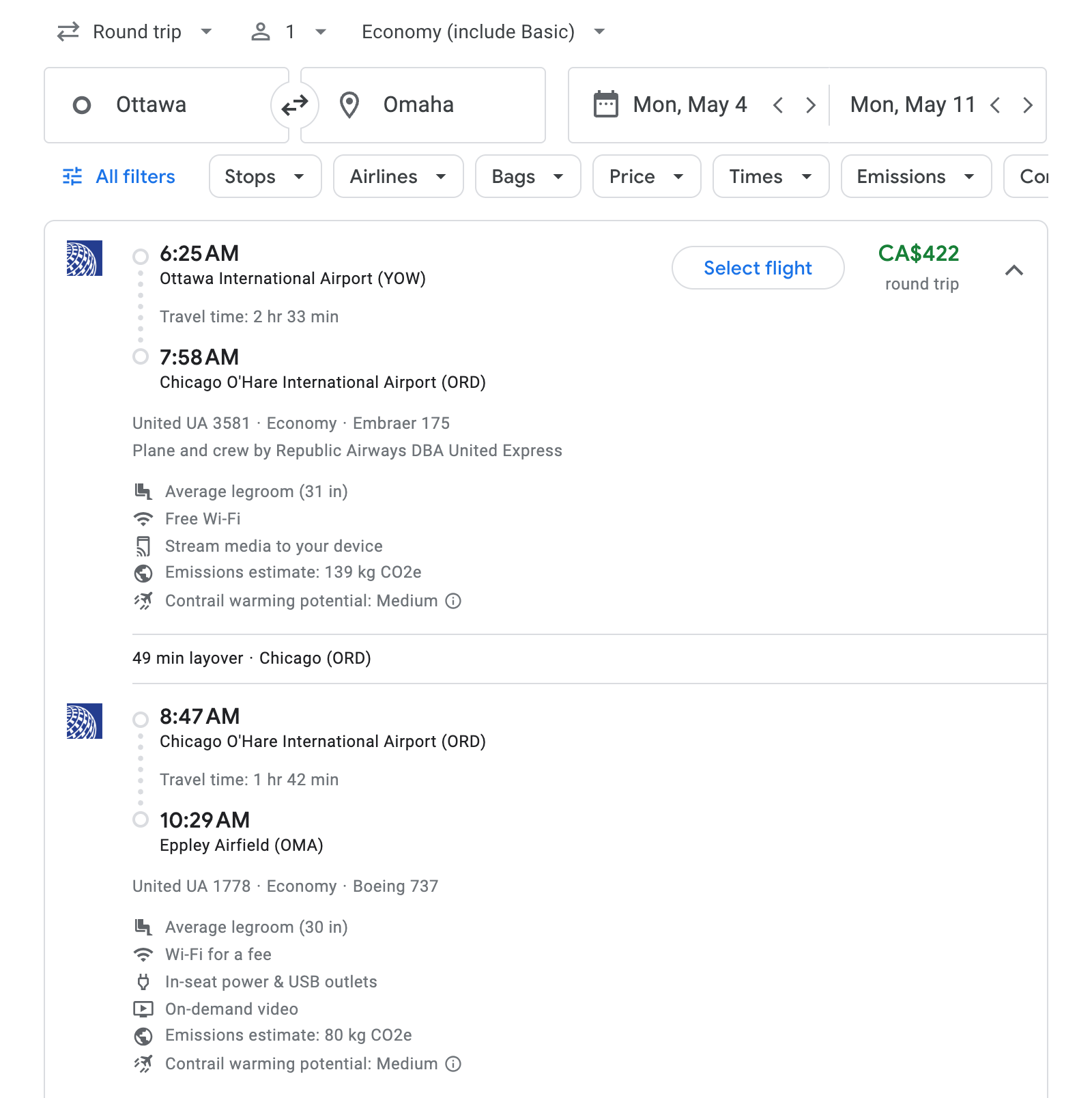 Flight options for Omaha