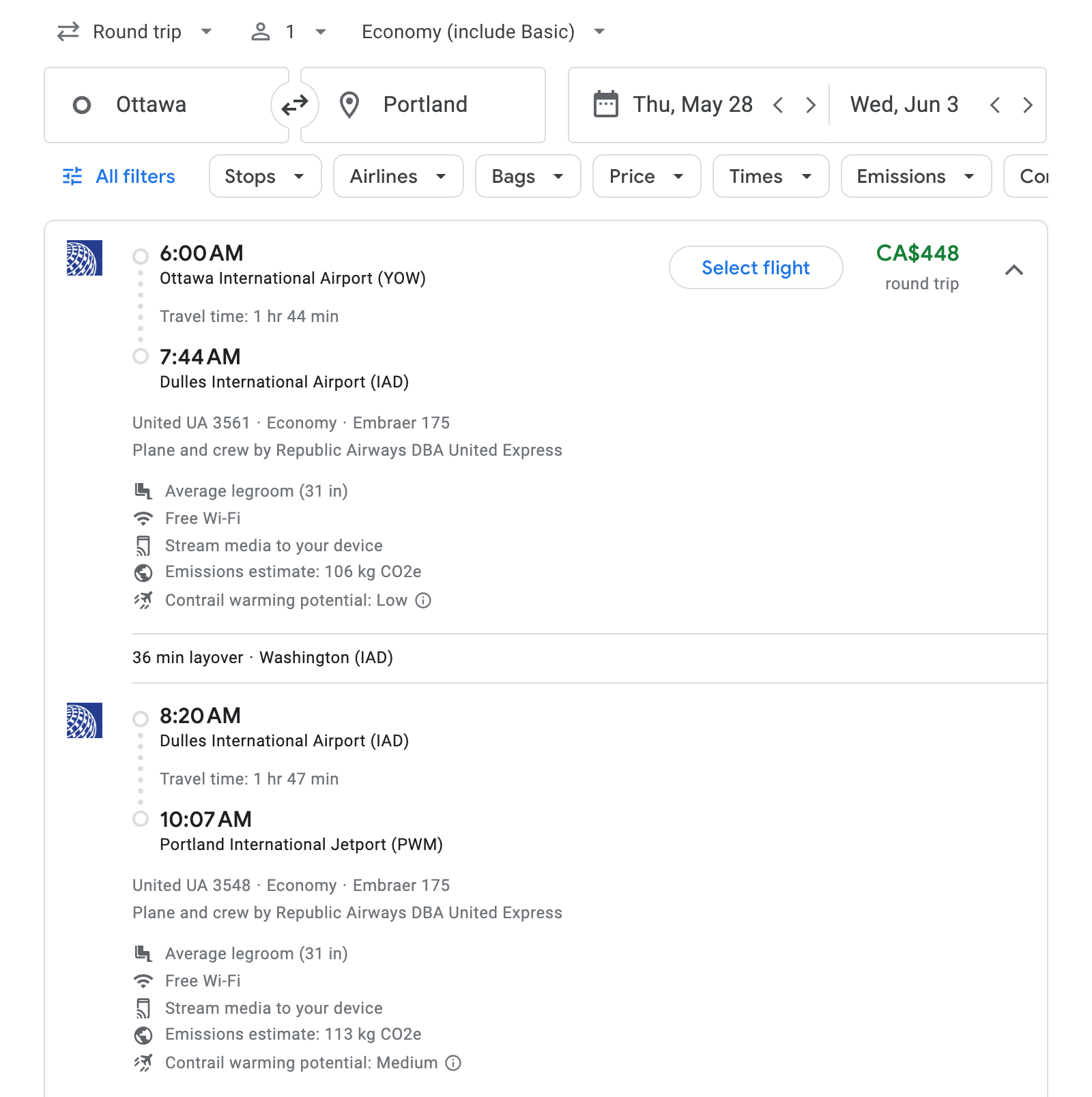 Flight options for Portland