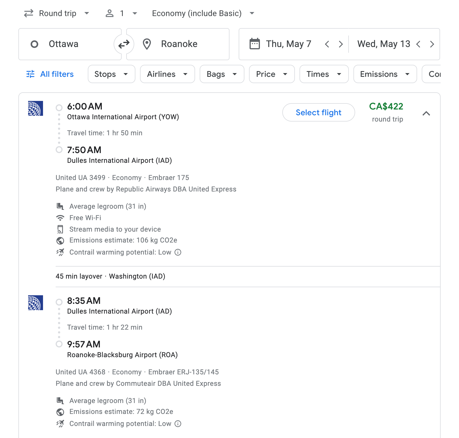 Flight options for Roanoke