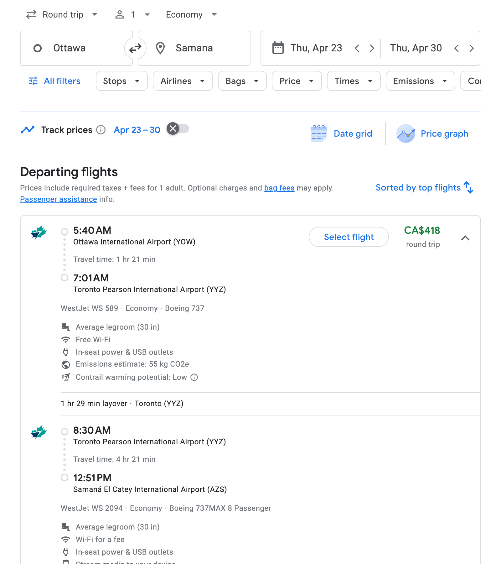Flight options for Samana