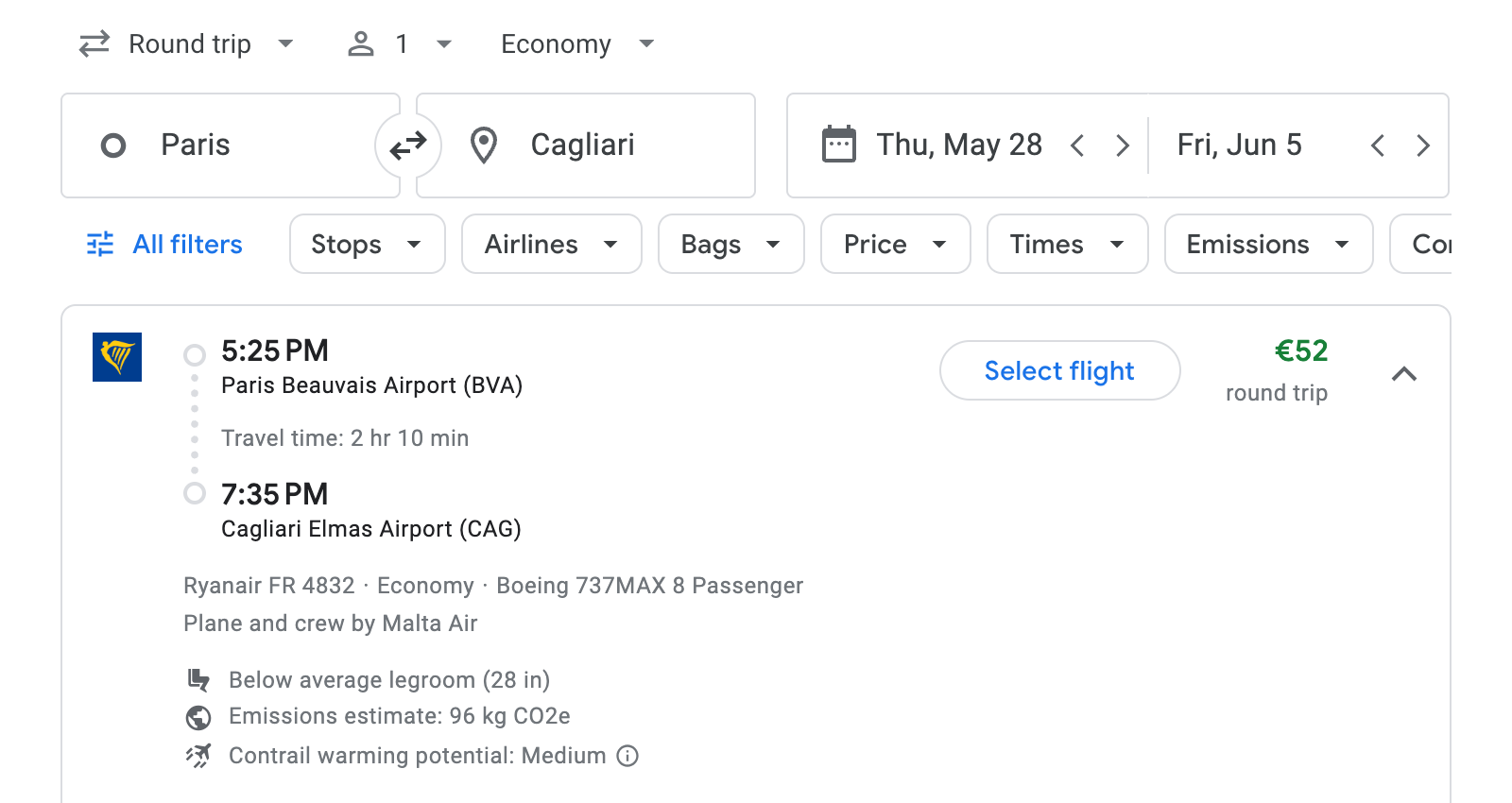 Flight options for Cagliari
