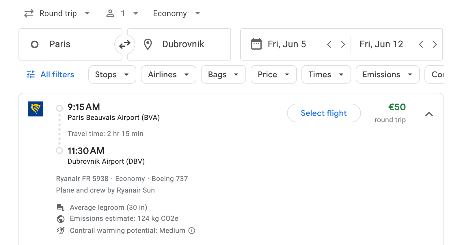 Flight options for Dubrovnik