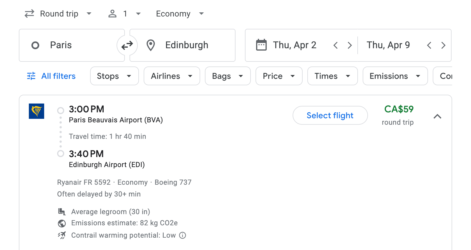 Flight options for Edinburgh