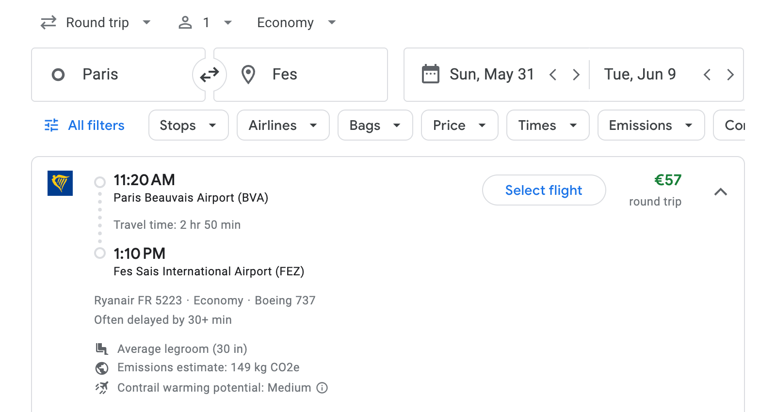 Flight options for Fes