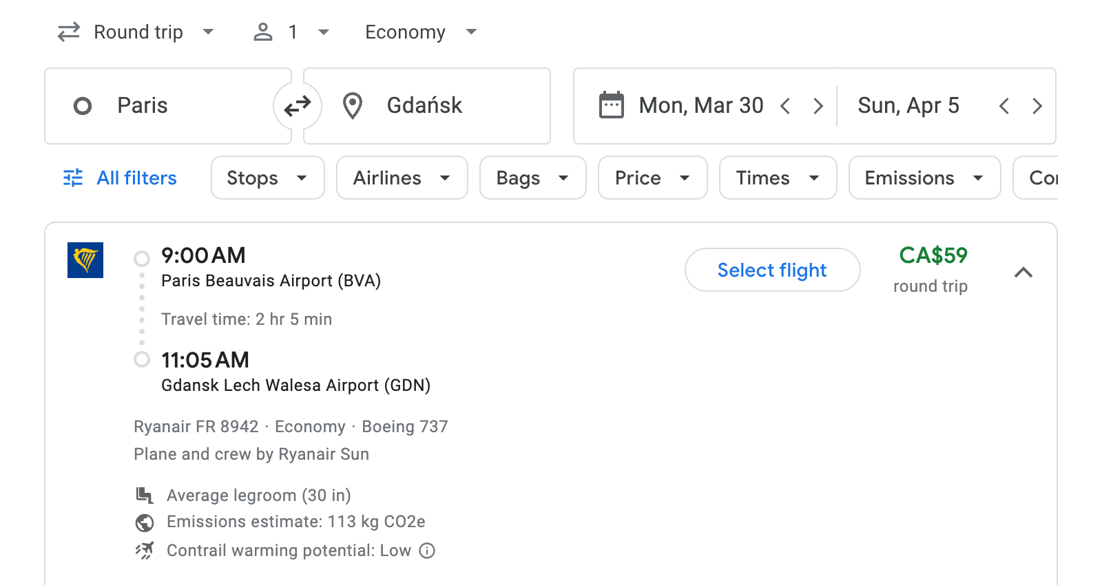 Flight options for Gdańsk