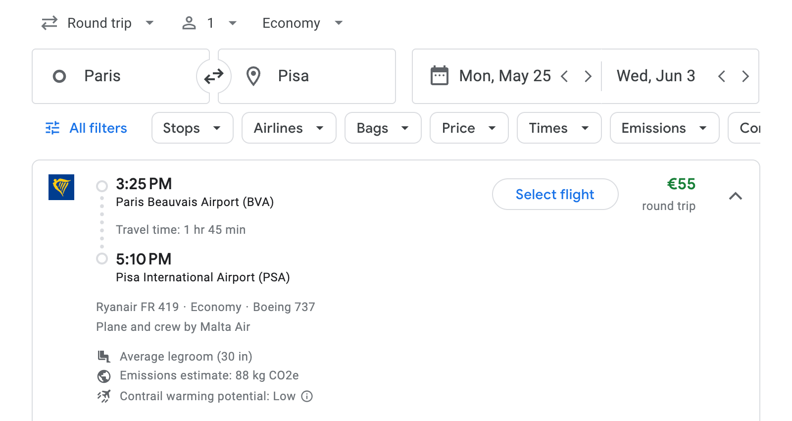Flight options for Pisa