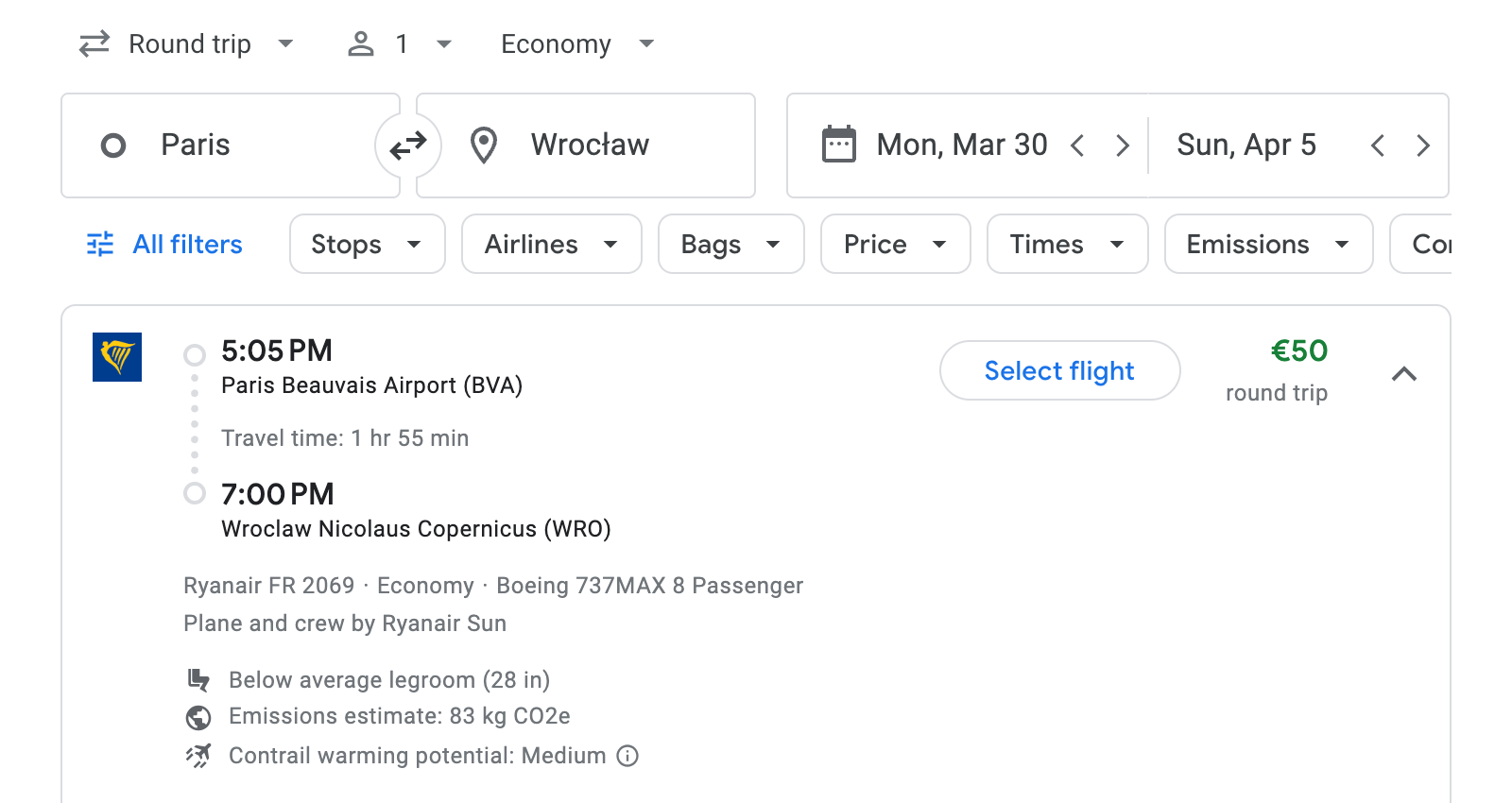 Flight options for Wrocław