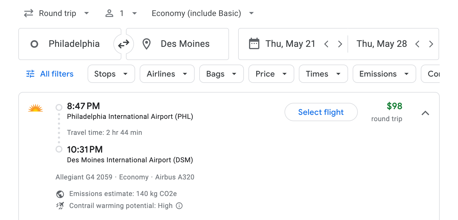 Flight options for Des Moines