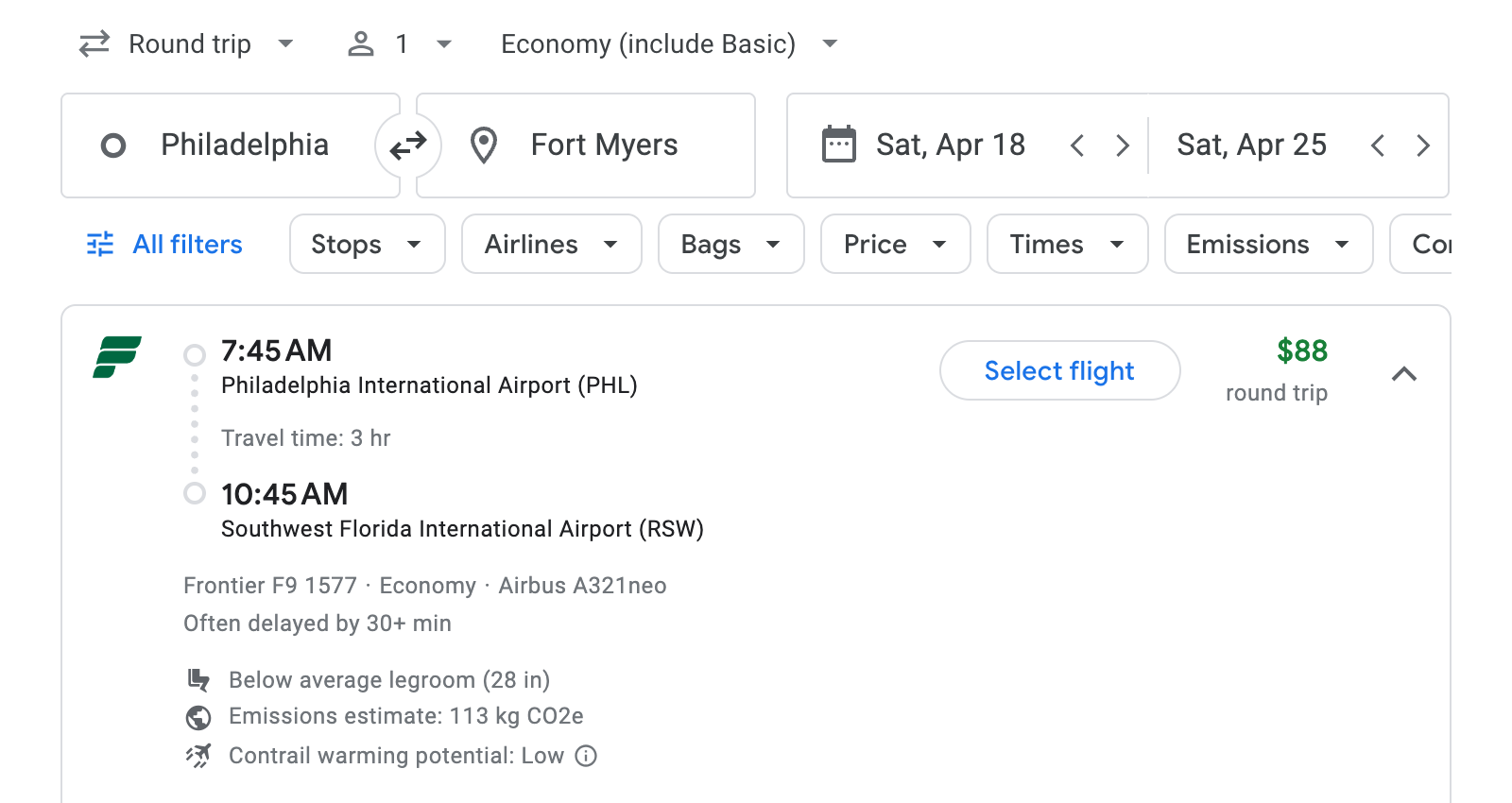 Flight options for Fort Myers