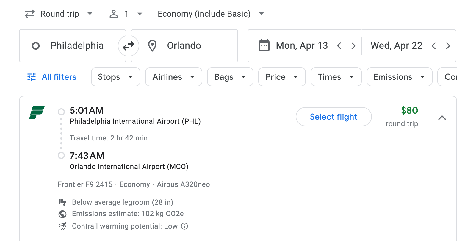 Flight options for Orlando